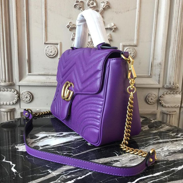 Gucci GG Marmont Chevron Quilted Top Handle 26cm Bag with Chain Strap Calfskin Leather 498110 Spring Summer 2018 Collection Purple
