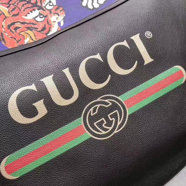 Gucci Leather Print Half-Moon Hobo Bag 523588 Black 2018