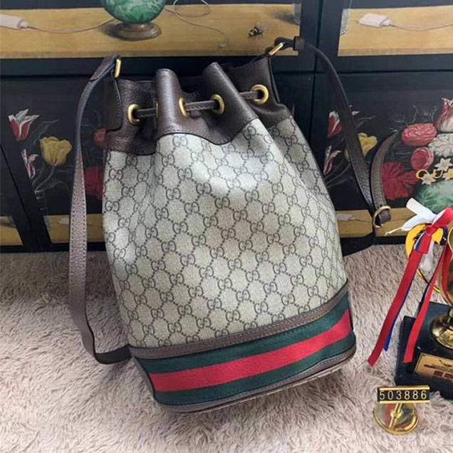 Gucci GG Supreme Canvas Bucket Bag with Web 2018