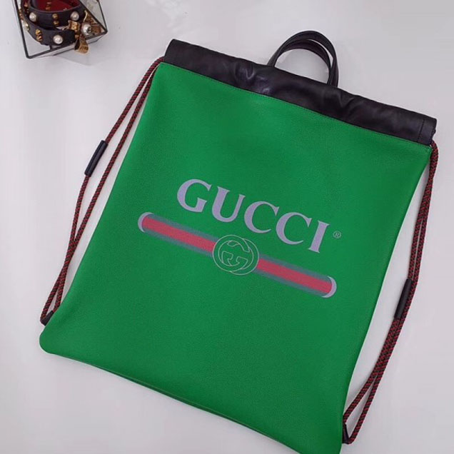 Gucci Print Leather Vintage Logo Drawstring Backpack Bag 494053 Green 2018