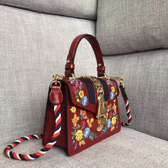Gucci Sylvie Web Patent  Leather Top Handle Shoulder Mini Bag 470270 Red Embroidered Flower 2018