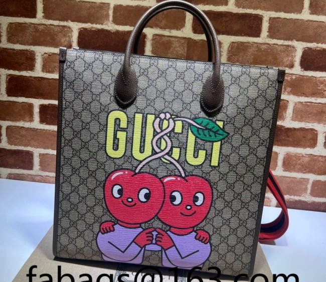 Gucci Cherry Print GG Canvas Medium Tote Bag 703264 Brown Leather 2022