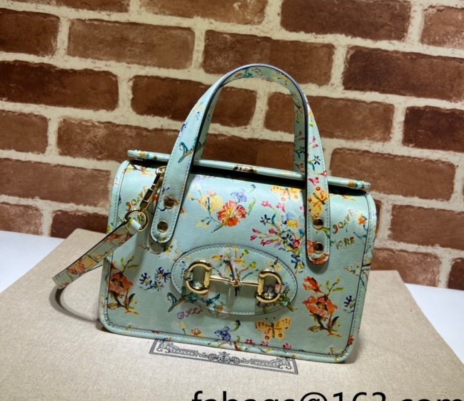 Gucci Horsebit 1955 GG Denim Mini Top Handle Bag with Blooming Love Print ?645453 Mint Green 2022
