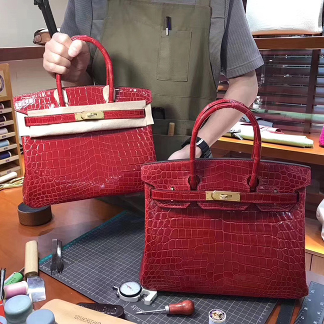Hermes Birkin Bag 30cm Shiny Niloticus Crocodile Skin Bag Handstitched Palladium Hardware Ferrari Red