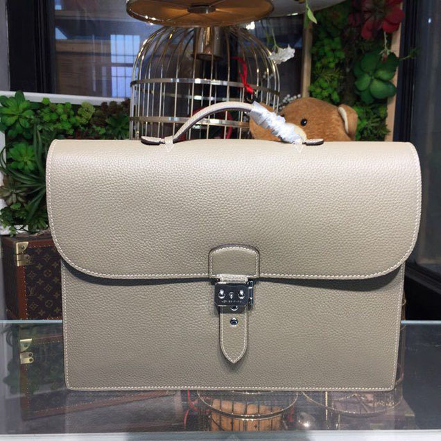 Hermes Sac a Depeche 38cm Briefcase Business Bag Togo Calfskin Leather Palladium Hardware Handstitched Etoupe