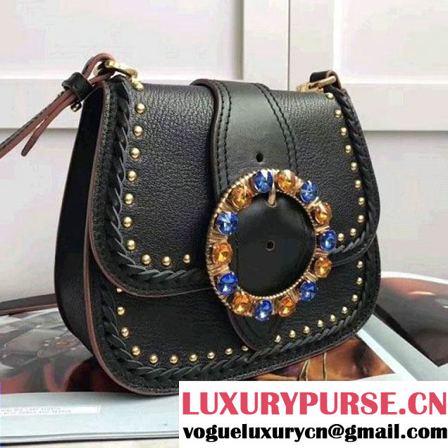 Miu Miu Monk Nappa Leather Shoulder Bag With Jeweled Buckle 5BD034 Black 2017 (JD-7042628 )
