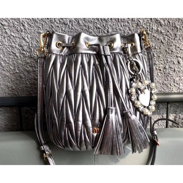 Miu Miu Matelassé Nappa Leather Drawstring Bucket Bag 5BE014 Silver 2018