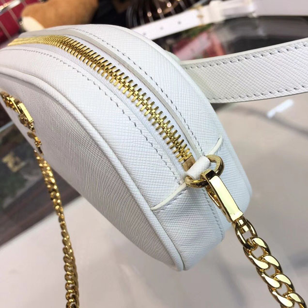 Prada Saffiano Fanny Pack 20cm Bag with Chain 1BL007 Calfskin Leather Spring Summer 2018 Collection White
