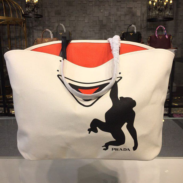 Prada Canvas Monkey Tote Bag 42cm 1BG220 Canvas Spring Summer 2018 Collection White