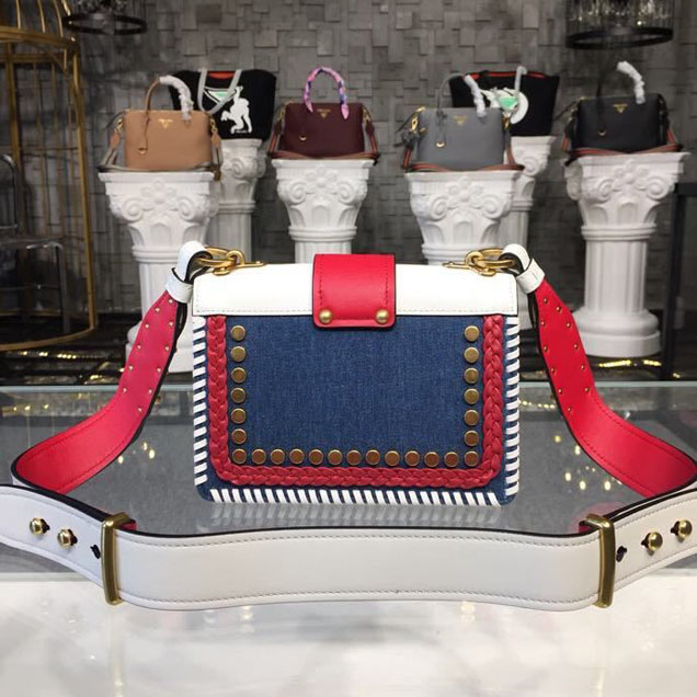 Prada Cahier 20cm Bag 1BD045 Denim Calfskin Leather Spring Summer 2018 Collection White Red