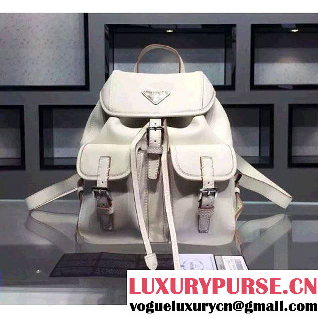 Prada B6677B White Leather Backpack With Top-Stitching (2A016-061119 )