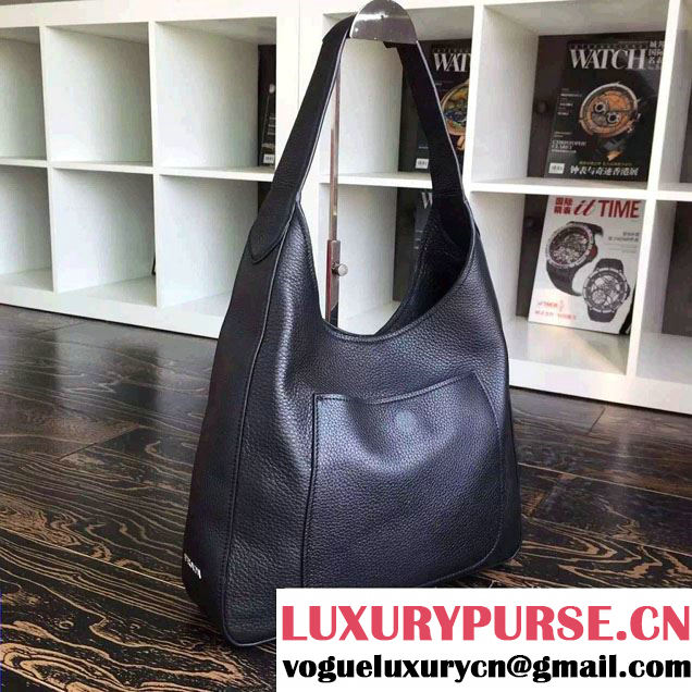 Prada Corsica Calf Leather Hobo Shoulder Bag 1BC013 Black 2015