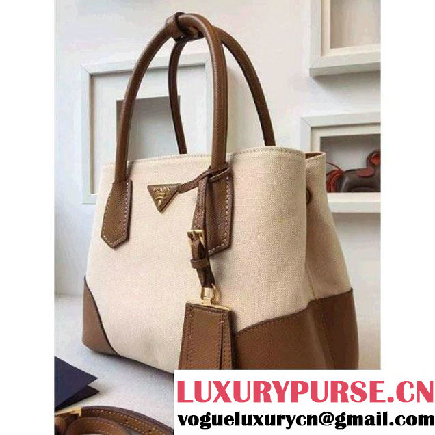 Prada BN2887 Hemp Fabric Tote Beige+Camel 2015 (2A016-062204 )