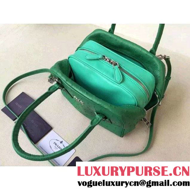 Prada 1BB011 Small Inside Calf Leather Ostrich Pattern Bag Green+Aquamarine 2015 (2A016-091522 )