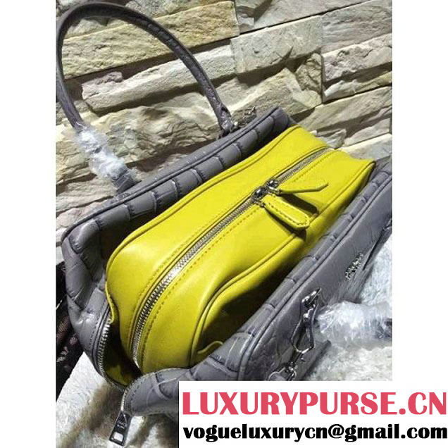 Prada Calfskin Crocodile Pattern Medium Inside Top Handle Bag Marble+Yellow Fall 2015  (2A193-110623 )