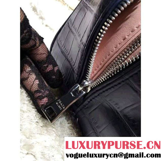 Prada Calfskin Crocodile Pattern Medium Inside Top Handle Bag Navy+Nude Pink Fall 2015  (2A193-110625 )