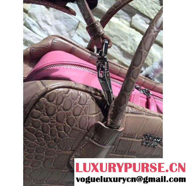 Prada Calfskin Crocodile Pattern Medium Inside Top Handle Bag Coffee+Peach Fall 2015  (2A193-110624 )