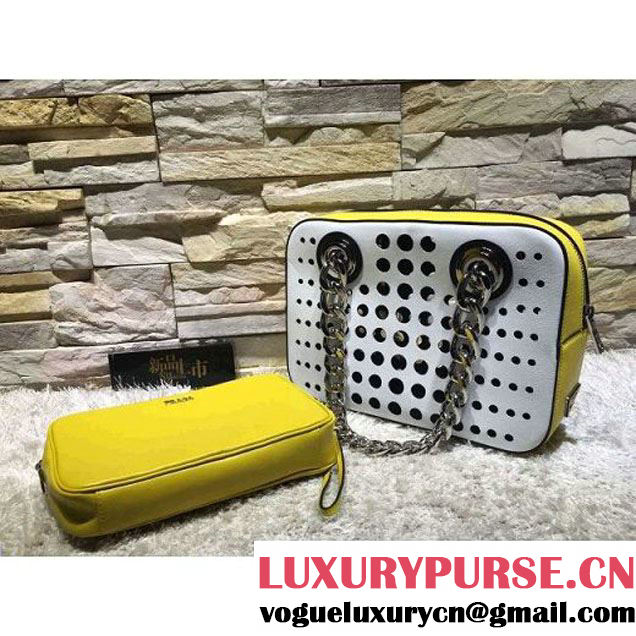 Prada Perforated City Fori Chain Shoulder Bag Yellow/White Resort 2016 (2A193-6012802 )