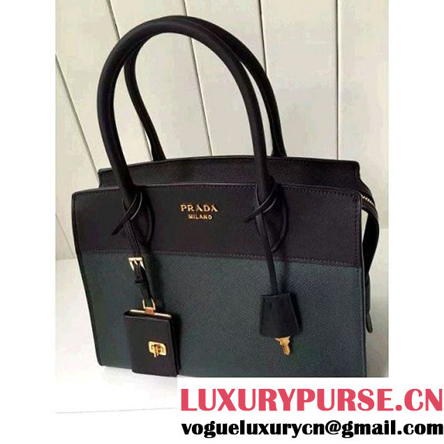 Prada 1BA046 Medium Esplanade Saffiano and Calf Leather Bag Dark Green/Black 2016 (2A016-6061206 )