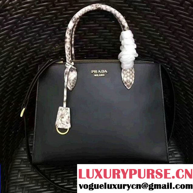 Prada 1BA102 Calf Leather Paradigme Bag With Python Handle Black/Grey 2017 (GYF-7060141 )