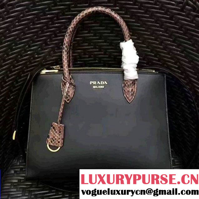 Prada 1BA102 Calf Leather Paradigme Bag With Python Handle Black/Deep Red 2017 (GYF-7060142 )