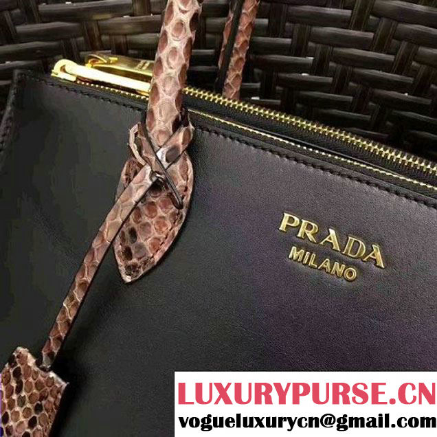 Prada 1BA102 Calf Leather Paradigme Bag With Python Handle Black/Deep Red 2017 (GYF-7060142 )