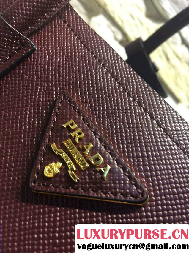 Prada Saffiano Cuir Leather Double Tote Mini Bag BN2668 Burgundy 2015
