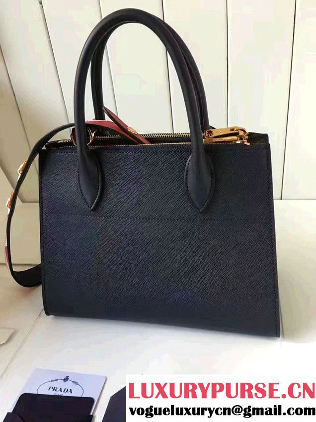 Prada Paradigme Saffiano And Calf Leather Bag 1BA103 Baltic Blue/Red With Embellishments On The Shoulder Strap 2017