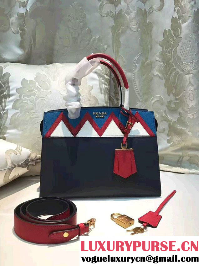 Prada Esplanade Saffiano Calfskin Leather Tote Bag 1BA046 Navy Blue/Blue/Red 2017