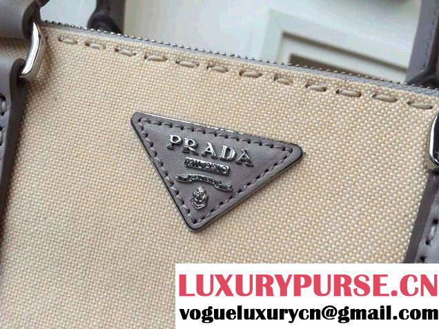 Prada Hemp fabric Tote Bag with Leather Corner Trim and Top-Stitching B1801K Gray/Beige 2015