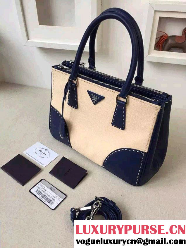 Prada Hemp fabric Tote Bag with Leather Corner Trim and Top-Stitching B1801K Blue/Beige 2015