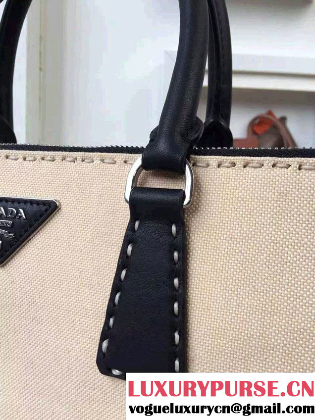 Prada Hemp fabric Tote Bag with Leather Corner Trim and Top-Stitching B1801K Black/Beige 2015