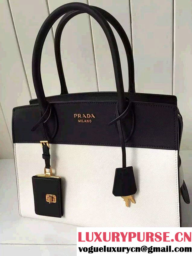 Prada Esplanade Saffiano and Calf Leather Tote Large Bag 1BA047 White/Black 2016
