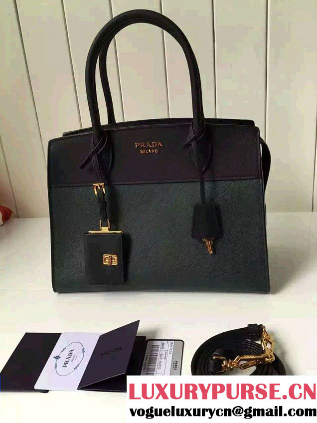 Prada Esplanade Saffiano and Calf Leather Tote Medium Bag 1BA046 Green/Black 2016