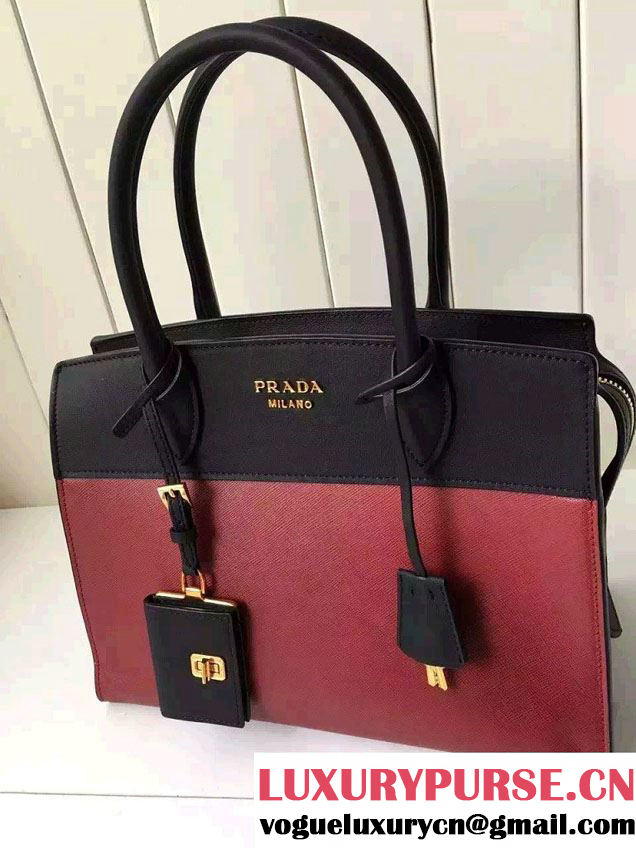 Prada Esplanade Saffiano and Calf Leather Tote Medium Bag 1BA046 Red/Black 2016