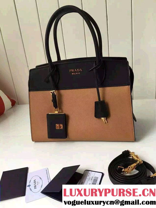 Prada Esplanade Saffiano and Calf Leather Tote Medium Bag 1BA046 Khaki/Black 2016
