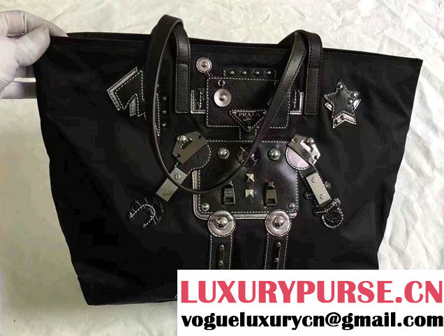 Prada Robot Motif And Metal Fabric Tote Bag 1BG052 2017