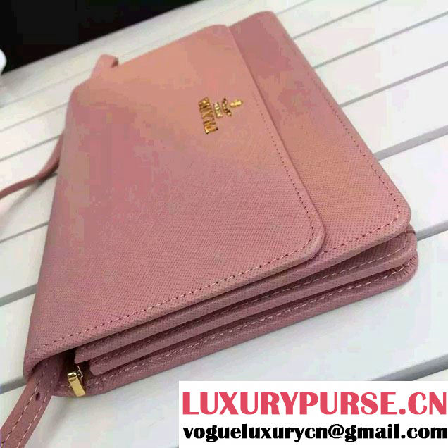 Prada Saffiano Leather Wallet with Shoulder Strap 1M1361 Light Pink