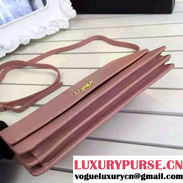 Prada Saffiano Leather Wallet with Shoulder Strap 1M1361 Light Pink