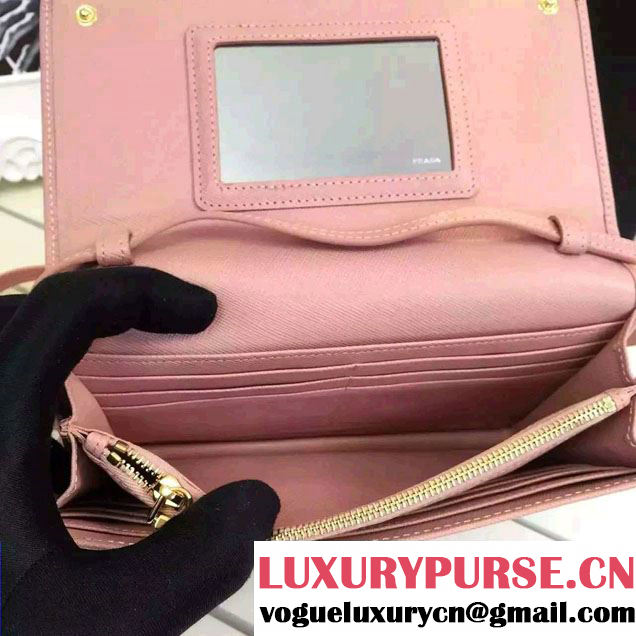 Prada Saffiano Leather Wallet with Shoulder Strap 1M1361 Light Pink