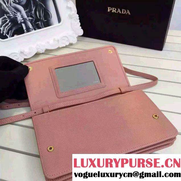 Prada Saffiano Leather Wallet with Shoulder Strap 1M1361 Light Pink