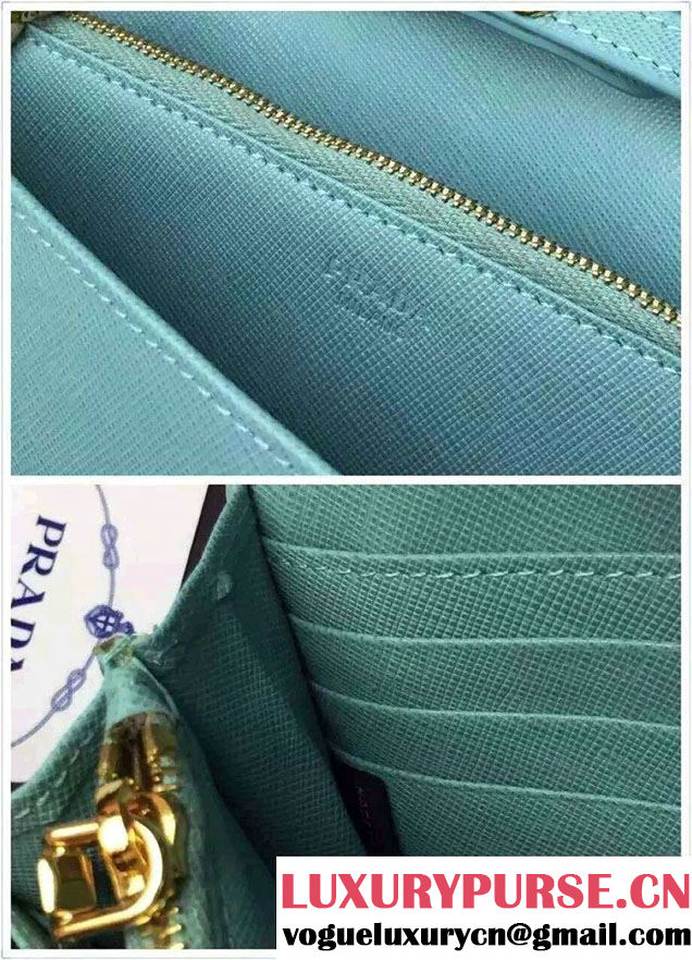 Prada Saffiano Leather Wallet with Shoulder Strap 1M1361 Cyan