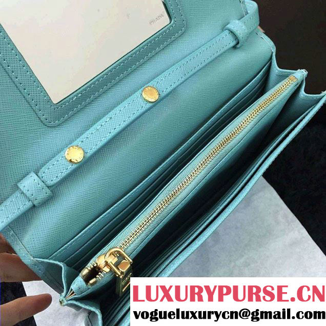 Prada Saffiano Leather Wallet with Shoulder Strap 1M1361 Cyan