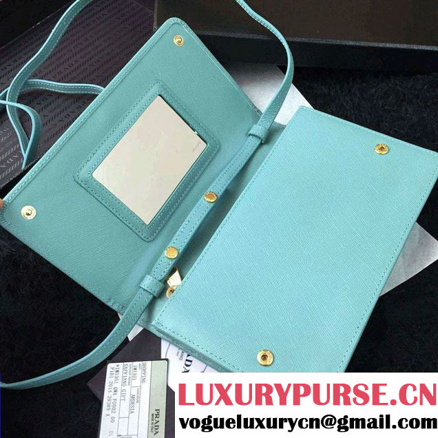 Prada Saffiano Leather Wallet with Shoulder Strap 1M1361 Cyan