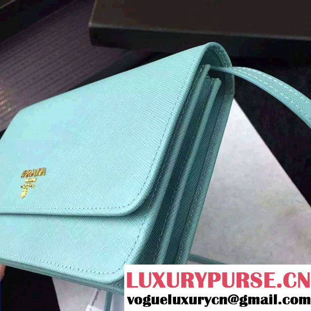 Prada Saffiano Leather Wallet with Shoulder Strap 1M1361 Cyan