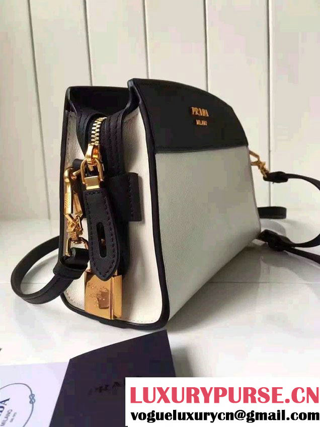 Prada Esplanade Calf and Saffiano Leather Shoulder Bag 1BH043 White/Black 2016