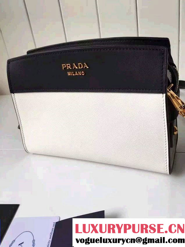 Prada Esplanade Calf and Saffiano Leather Shoulder Bag 1BH043 White/Black 2016