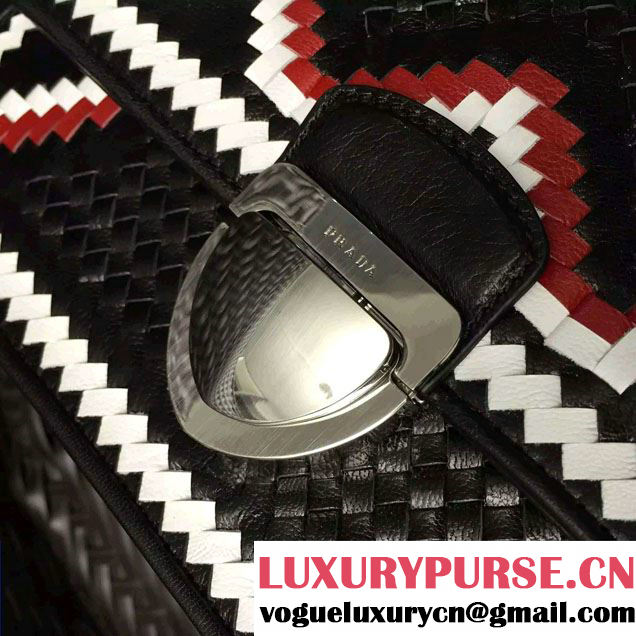 Prada Ethnic Motif Woven Leather Shoulder Bag 1BD038 Black/White/Red 2016