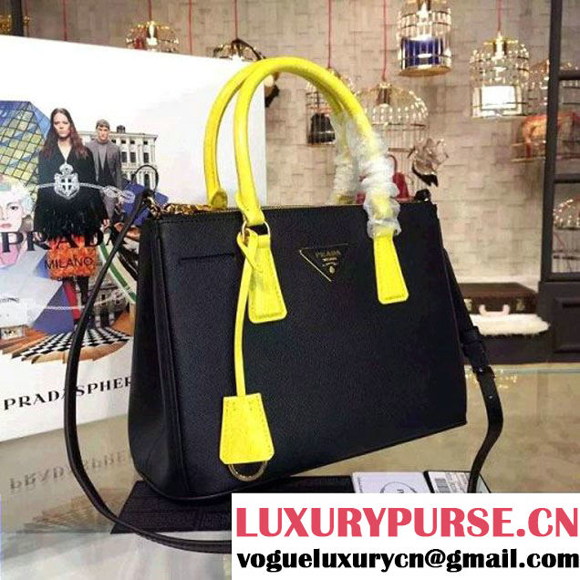 Prada 1BA863 Two-tone Galleria Saffiano Leather Bag Black/Yellow 2016 (2A016-6022902 )