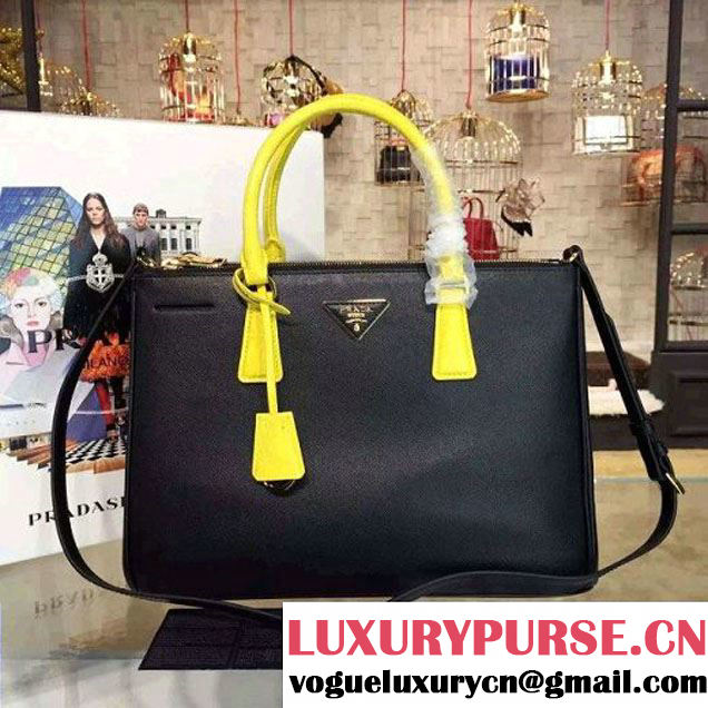Prada Large Two-tone Galleria Saffiano Leather Bag Black/Yellow 2016 (2A016-6022906 )